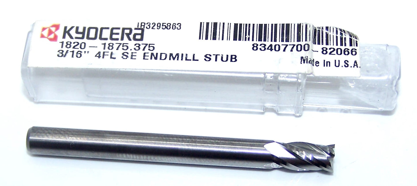 1820-1875.375 Kyocera 3/16" Carbide 4 Flute End Mill 0.1875" Diameter 0.375" Flute 2.0" Length 0.1875" Shank