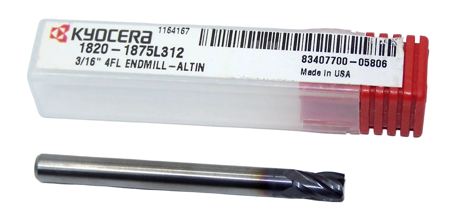 1820-1875L312 Kyocera 3/16" Carbide 4 Flute End Mill ALTiN Coated 0.1875" Diameter 0.312" Flute 2.0" Length 0.1875" Shank