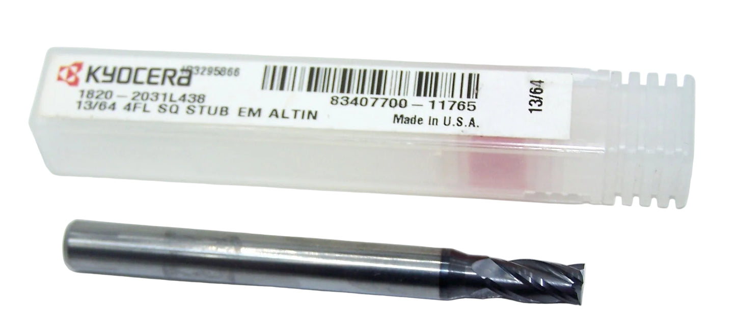 1820-2031L438 Kyocera 13/64" Carbide 4 Flute End Mill ALTiN Coated 0.2031" Diameter 0.438" Flute 2.50" Length 0.250" Shank