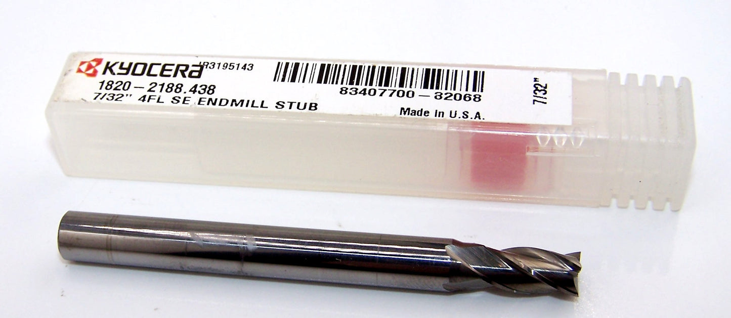 1820-2188.438 Kyocera 7/32" Carbide 4 Flute End Mill Stub SQ .2188" Diameter .438" Flute 2.50" Length .250 Shank