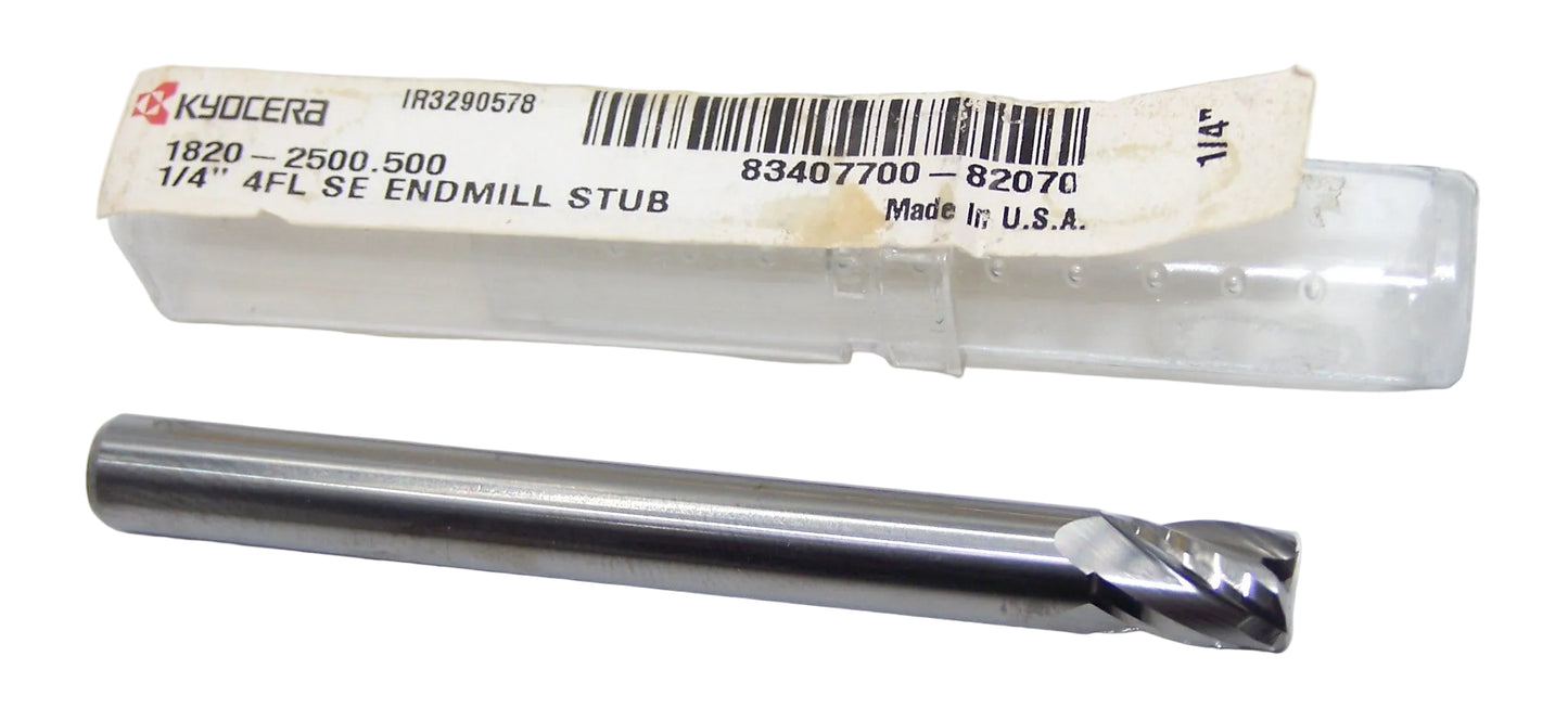 1820-2500.500 Kyocera 1/4" Carbide 4 Flute End Mill 0.2500" Diameter 0.500" Flute 2.5" Length 0.25" Shank - Ugly package sale