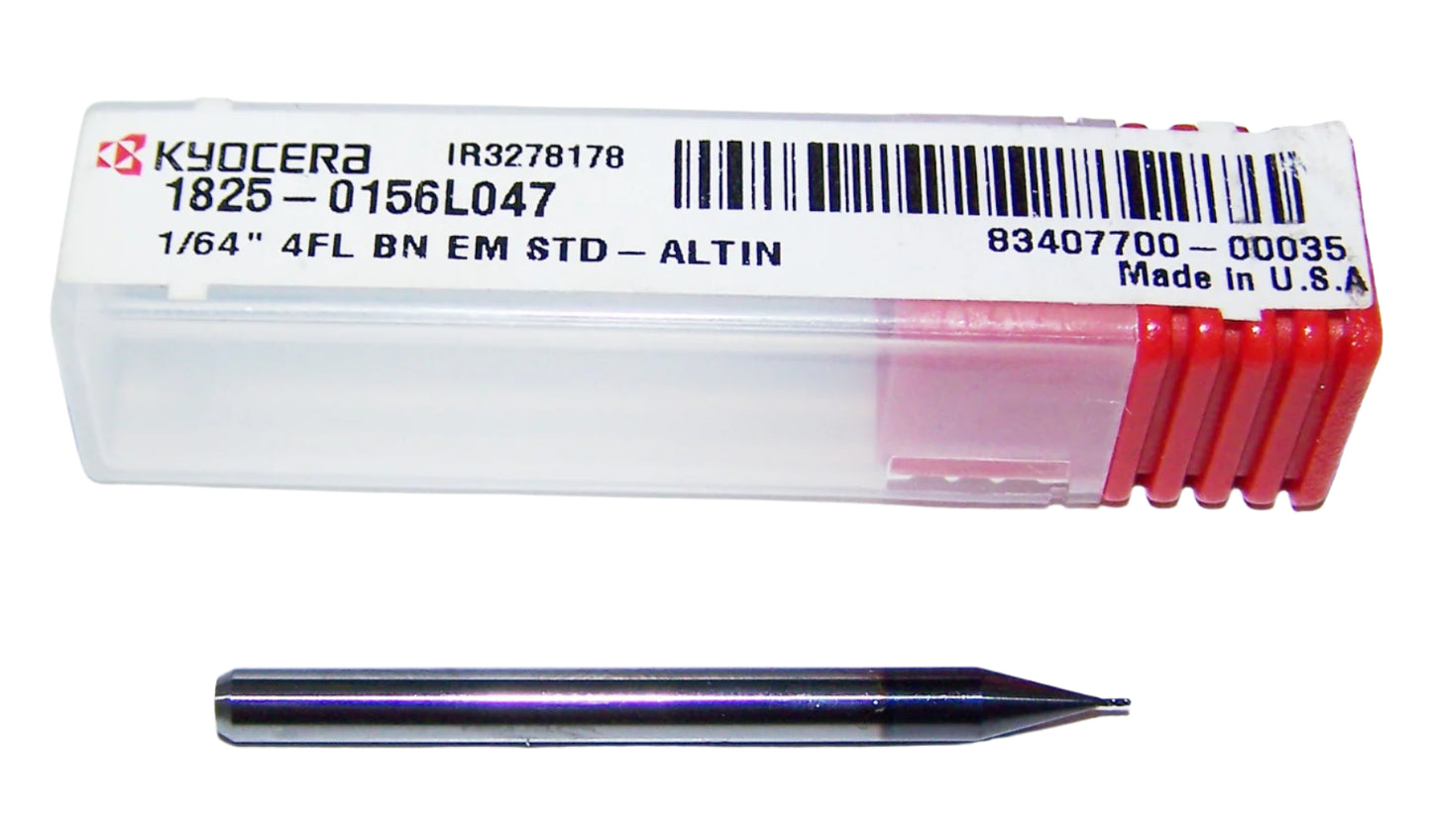 1825-0156L047 Kyocera 1/64" Carbide 4 Flute End Mill Ball End ALTiN Coated 0.0156" Diameter 0.047" Flute 1.5" Length 0.125" Shank