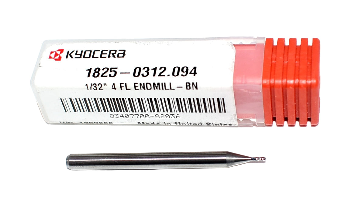 1825-0312.094 Kyocera 1/32" Carbide 4 Flute End Mill Ball End 0.0312" Diameter 0.094" Flute 1.5" Length 0.125" Shank