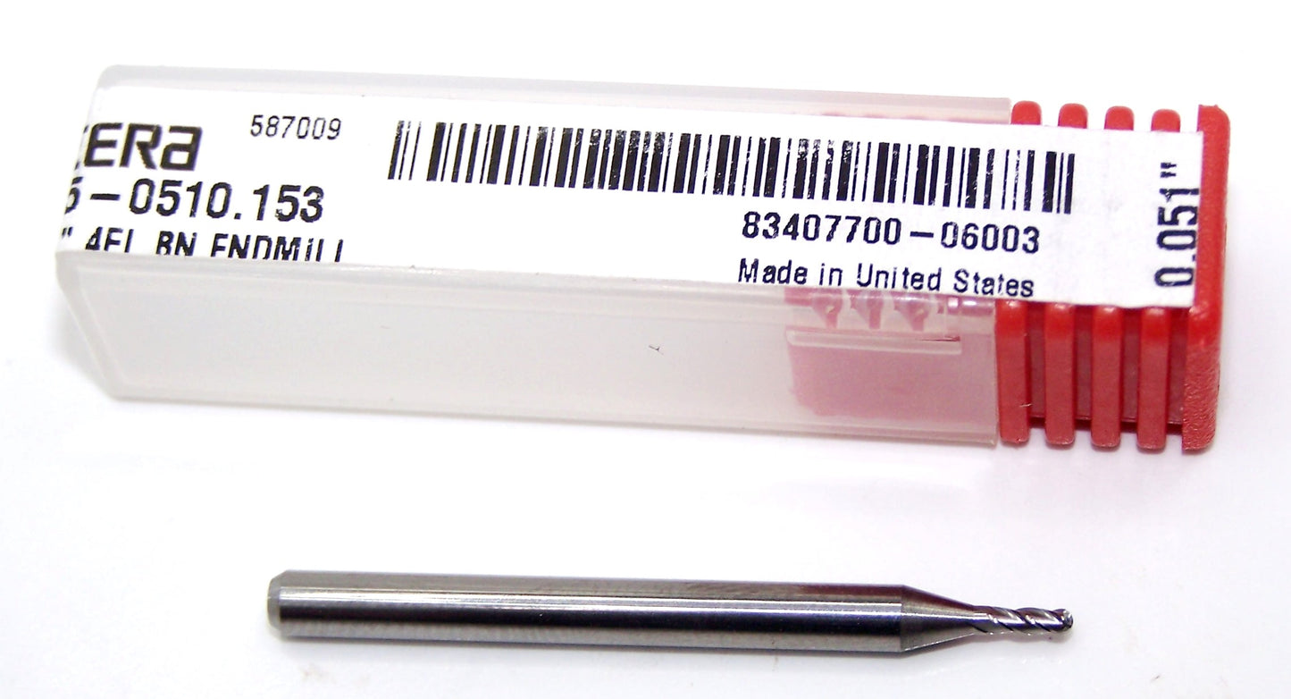 1825-0510.153 Kyocera .0510" Carbide 4 Flute End Mill Ball End 0.0510" Diameter 0.153" Flute 1.5" Length 0.125" Shank