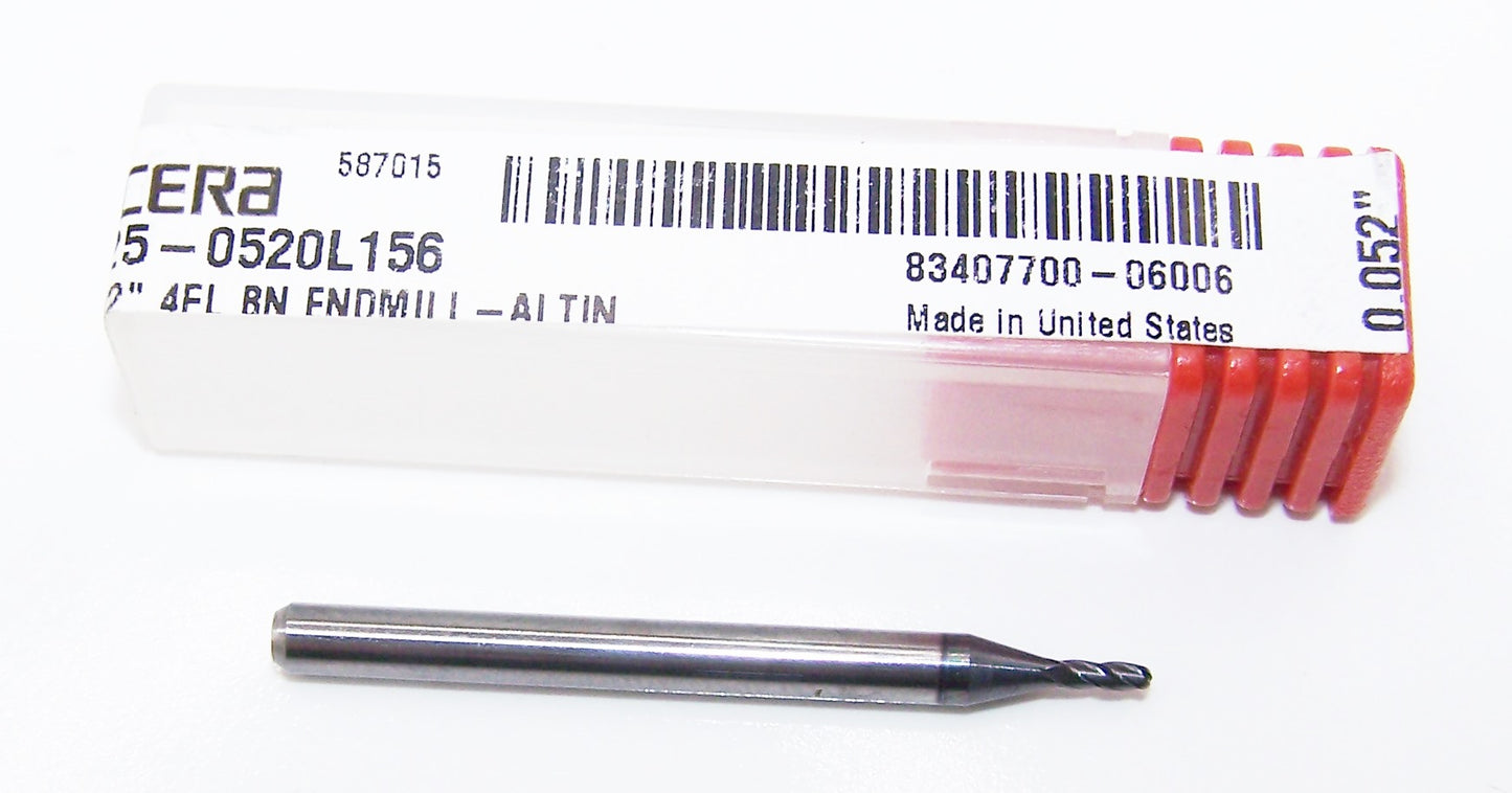 1825-0520L156 Kyocera #55 Carbide 4 Flute End Mill Ball End AlTiN .0520" Diameter .156" Flute 1.50" Length .125" Shank