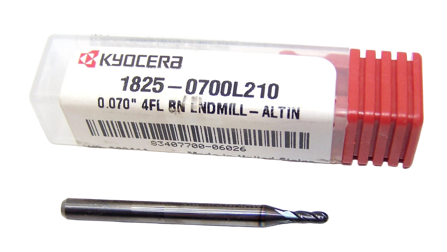 1825-0700L210 Kyocera 0.0700" Carbide 4 Flute End Mill Ball End ALTiN Coated 0.0700" Diameter 0.210" Flute 1.5" Length 0.125" Shank