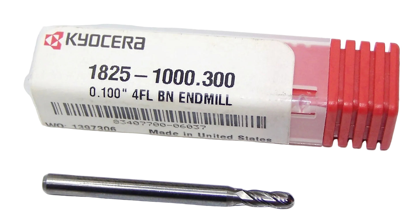1825-1000.300 Kyocera 0.1000" Carbide 4 Flute End Mill Ball End 0.1000" Diameter 0.300" Flute 1.5" Length 0.125" Shank