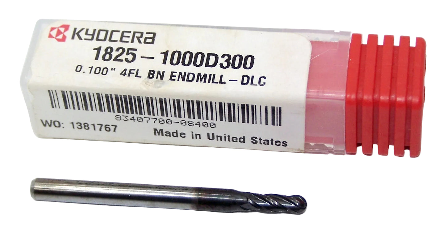 1825-1000D300 Kyocera 0.1000" Carbide 4 Flute End Mill Ball End DLC Coated 0.1000" Diameter 0.300" Flute 1.5" Length 0.125" Shank