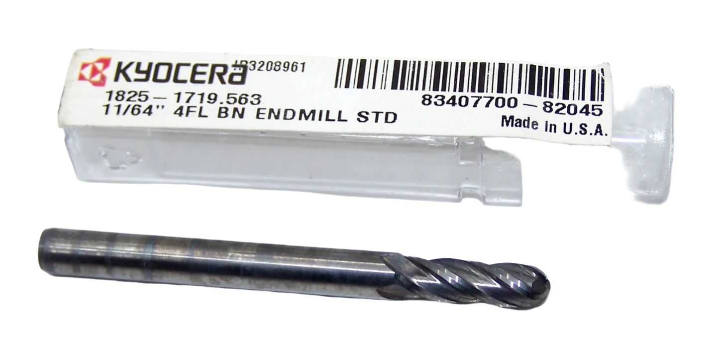 1825-1719.563 Kyocera 11/64" Carbide 4 Flute End Mill Ball End 0.1719" Diameter 0.563" Flute 2.0" Length 0.1875" Shank