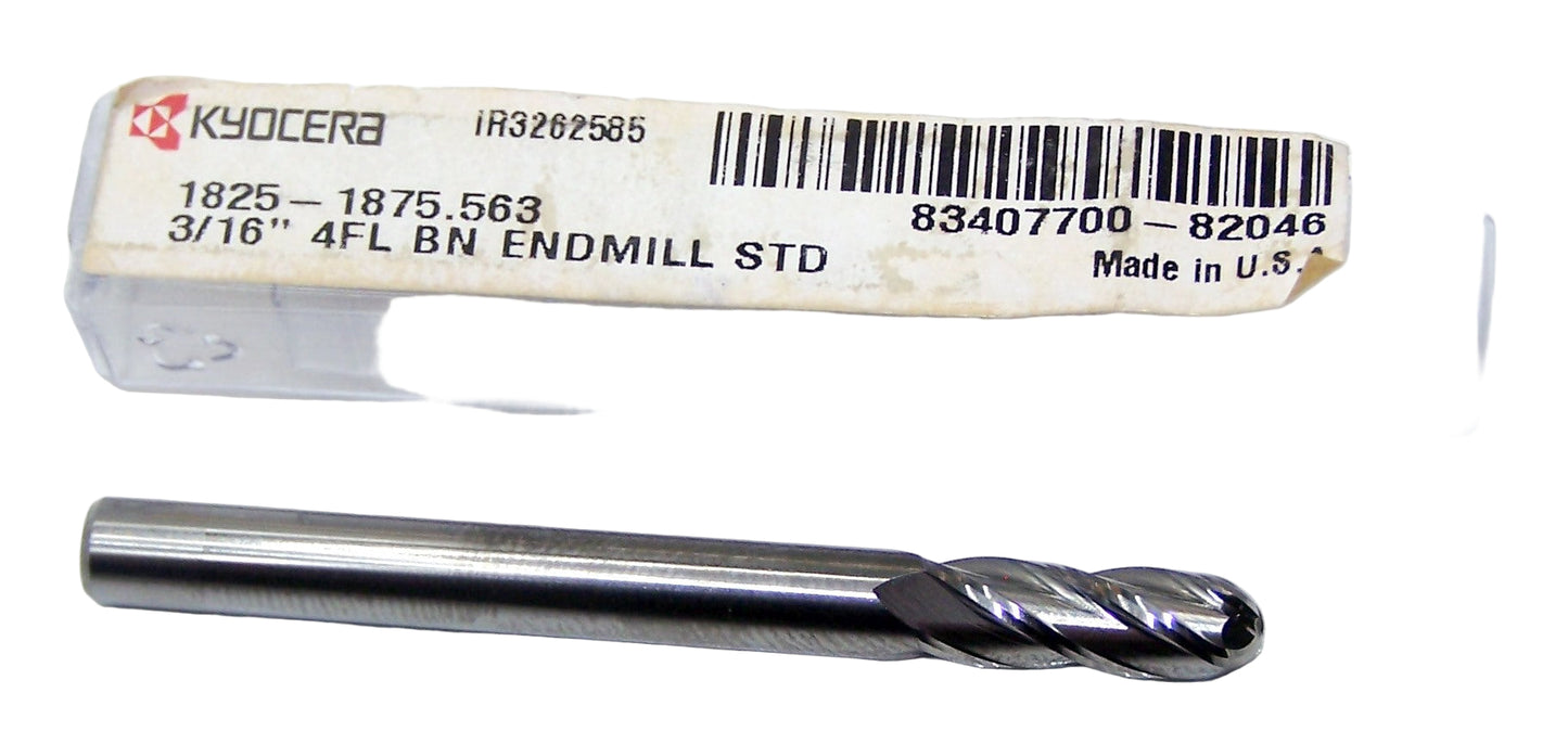 1825-1875.563 Kyocera 3/16" Carbide 4 Flute End Mill Ball End 0.1875" Diameter 0.563" Flute 2.0" Length 0.1875" Shank