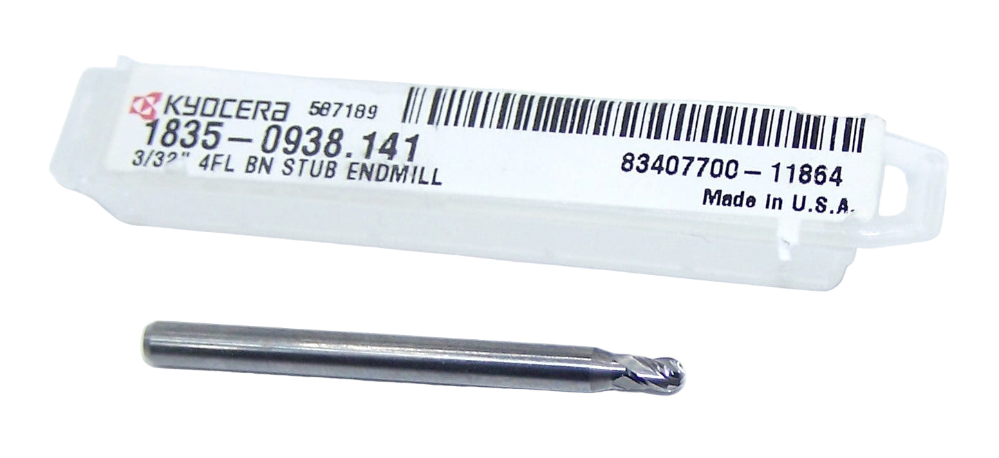 1835-0938.141 Kyocera 3/32" Carbide 4 Flute End Mill Stub Flute Ball End .0938" Diameter .141" Flute 1.50" Length .125" Shank