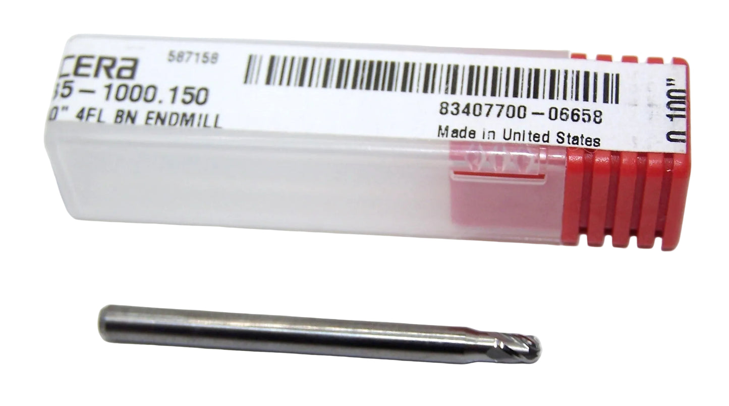 1835-1000.150 Kyocera .1000" Carbide 4 Flute End Mill Stub Flute Ball End .1000" Diameter .150" Flute 1.50" Length .125" Shank
