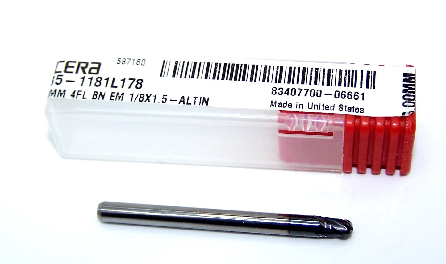 1835-1181L178 Kyocera 3.00mm Carbide 4 Flute End Mill Ball End AlTiN Coated .1181" Diameter .178" Flute 1.50" Length .125" Shank