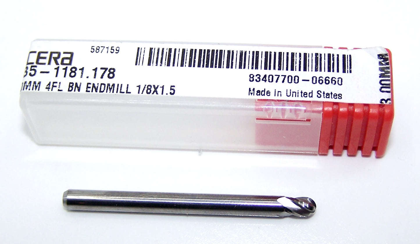 1835-1181.178 Kyocera 3.00mm Carbide 4 Flute End Mill Ball End .1181" Diameter .178" Flute 1.50" Length .125" Shank