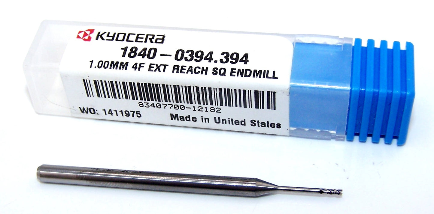 1840-0394.394 Kyocera 1.00mm Carbide 4 Flute End Mill Extended Reach .0394" Diameter .1181" Flute 1.97" Length .118" Shank