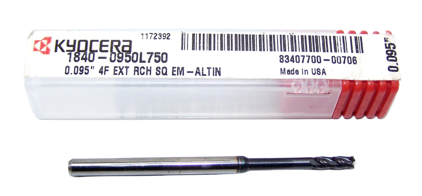1840-0950L750 Kyocera 0.0950" Carbide 4 Flute End Mill Extended Reach ALTiN Coated 0.0950" Diameter 0.750" Flute 2" Length 0.125" Shank