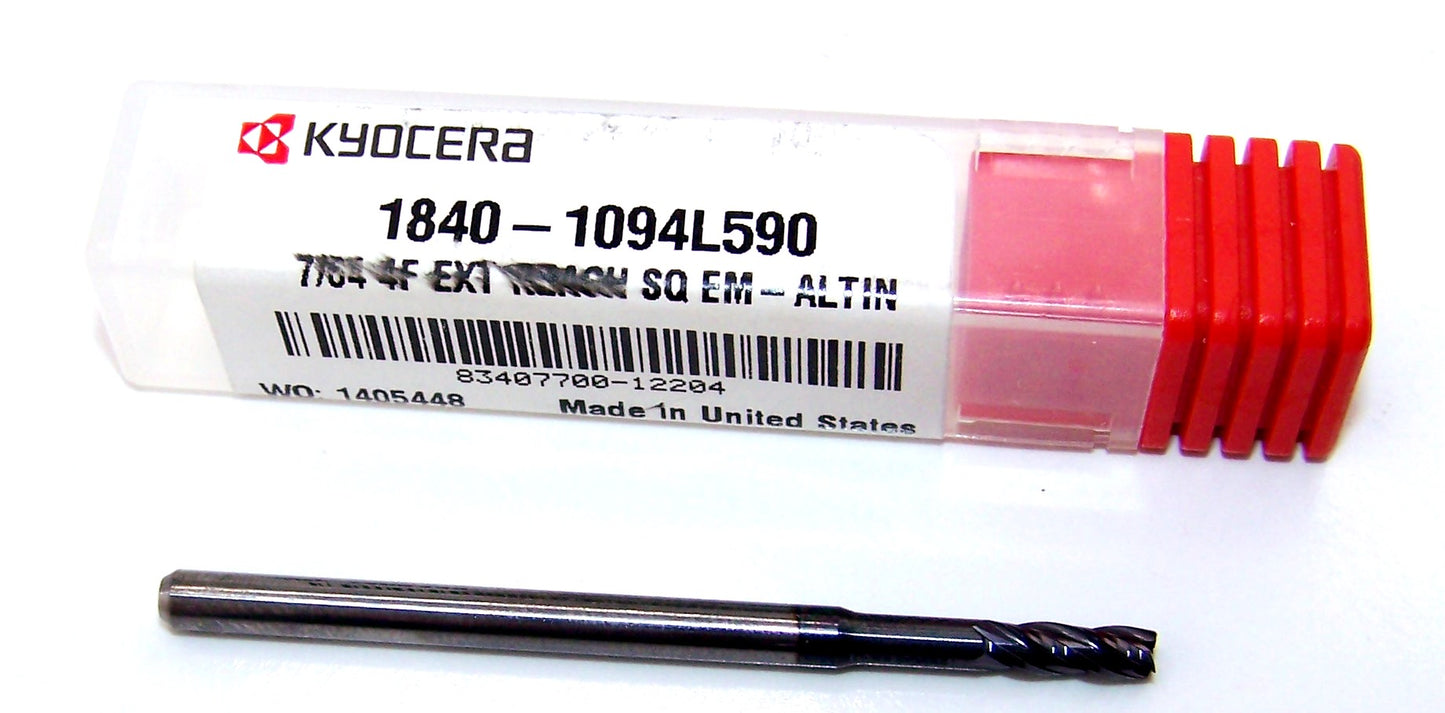 1840-1094L590 Kyocera 7/64" Carbide 4 Flute End Mill Extended Reach AlTiN .1094" Diameter .328" Flute 2.00" Length .125" Shank