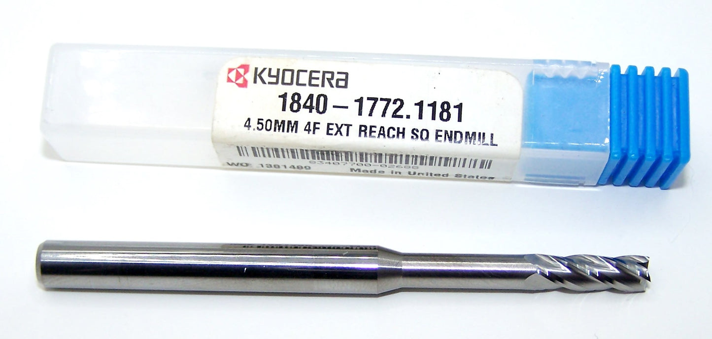 1840-1772.1181 Kyocera 4.50mm Carbide 4 Flute Endmill Extended Reach .1772" Diameter .531" Flute 2.95" Length .236" Shank