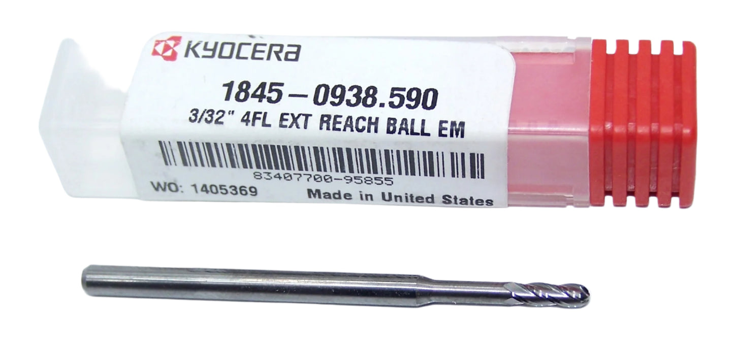1845-0938.590 Kyocera 3/32" Carbide 4 Flute End Mill Ball End Extended Reach .590" Reach 0.0938" Diameter 0.281" Flute 2.0" Length 0.125" Shank