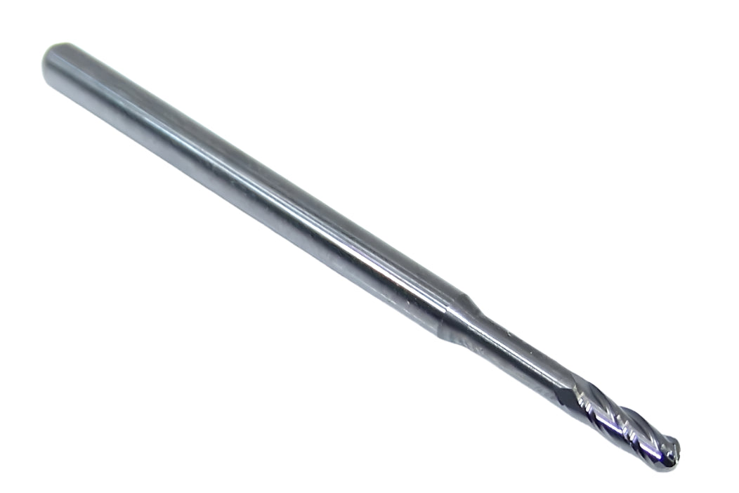 1845-0938.590 Kyocera 3/32" Carbide 4 Flute End Mill Ball End Extended Reach .590" Reach 0.0938" Diameter 0.281" Flute 2.0" Length 0.125" Shank
