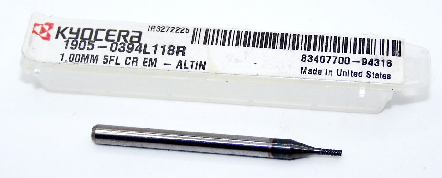 1905-0394L118R Kyocera 0.0394" Carbide 5 Flute End Mill Radius End AlTiN Coated 0.0394" Diameter 0.118" Flute 1.50" Length 0.1181" Shank