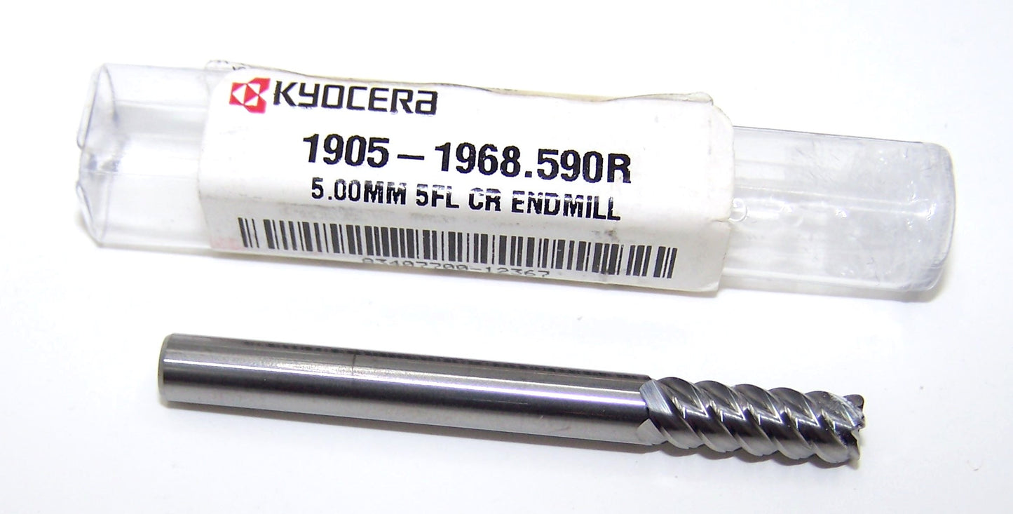 1905-1968.590R Kyocera 5.00mm Carbide 5 Flute End Mill for hard metals .0197" Radius .1968" Diameter .590" Flute 2.00" Length .197" Shank