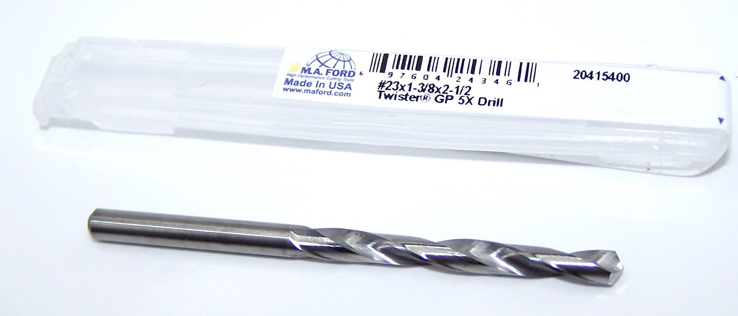 20415400 MaFord #23 Carbide 2 Flute Drill 0.1540" Diameter 1.375" Flute 2.50" Length .154" Shank Twister Jobber Drill
