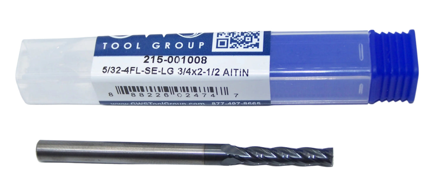 215-001008 Monster Tool 5/32" Carbide 4 Flute End Mill Long Length AlTiN Coated .1562" Diameter 0.750" Flute 2.50" Length 0.187" Shank GWS Tool Group