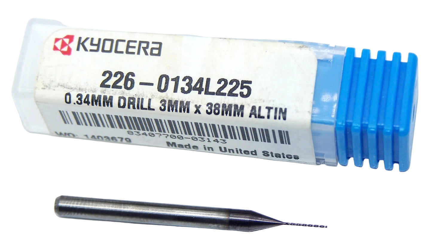 226-0134L225 Kyocera 0.34mm Carbide Drill 2 Flute ALTiN Coated 0.0134" Diameter 0.225" Flute 1.50" Length 0.1181" Shank 130° Point
