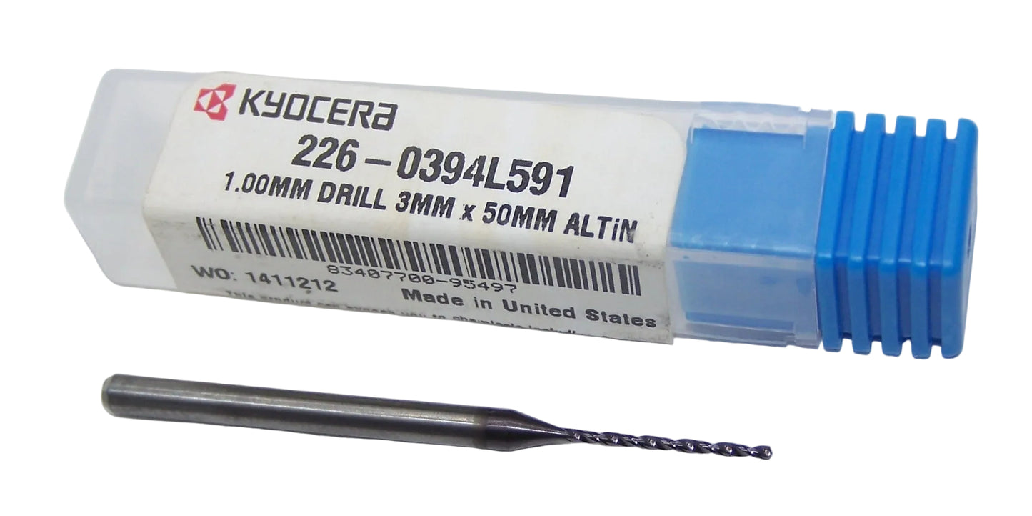 226-0394L591 Kyocera 1.00mm Carbide Drill 2 Flute ALTiN Coated 0.0394" Diameter 0.591" Flute 2.00" Length 0.1181" Shank 130° Point