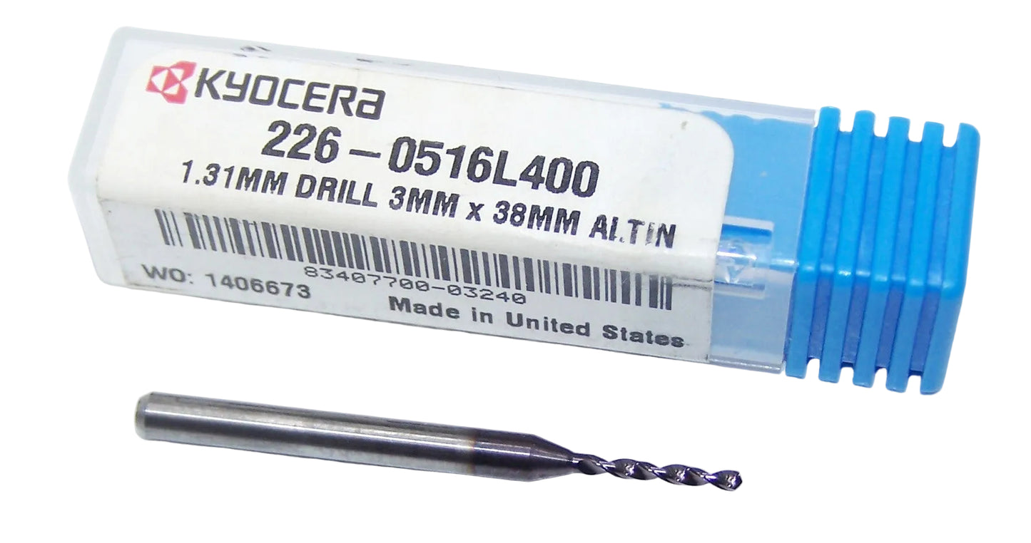 226-0516L400 Kyocera 1.31mm Carbide Drill 2 FLUTE ALTiN Coated 0.0516" Diameter 0.400" Flute 1.50" Length 0.1181" Shank 130° Point
