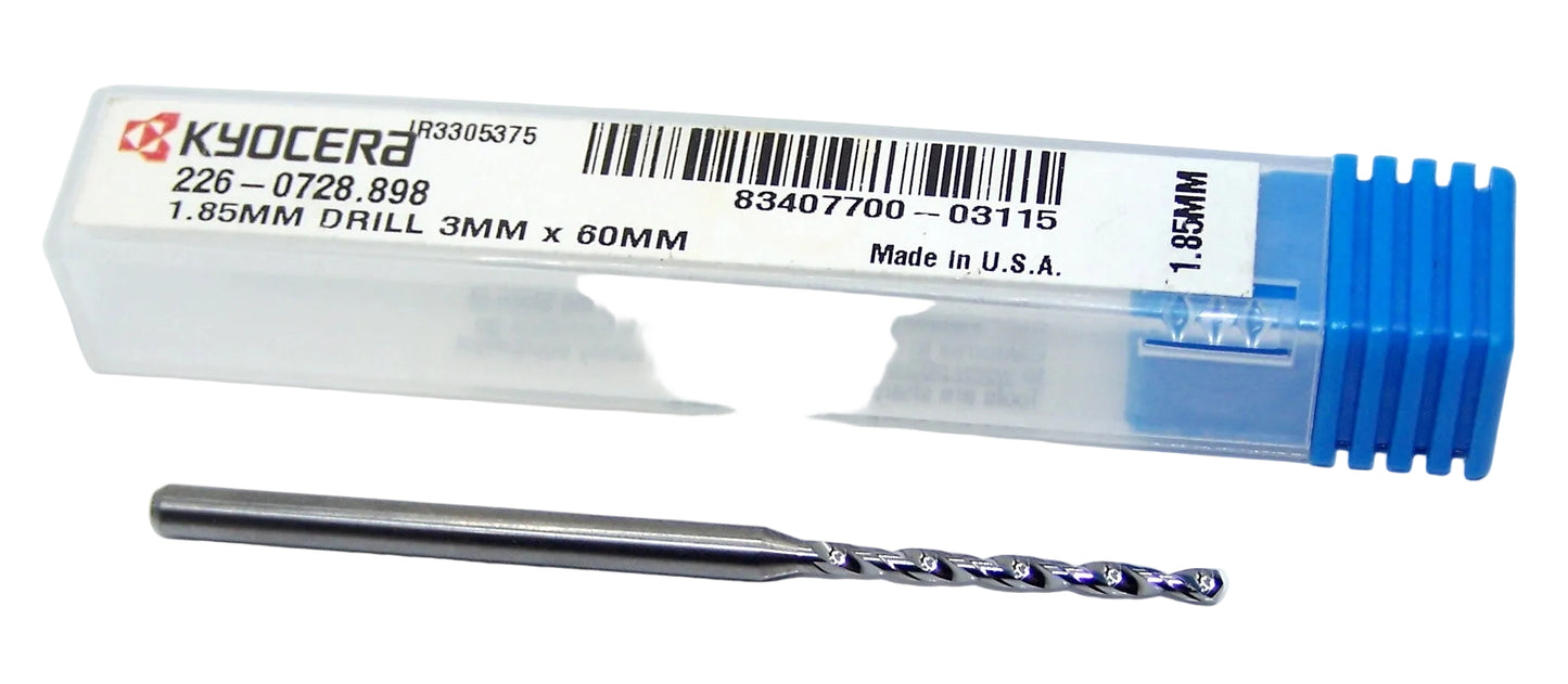 226-0728.898 Kyocera 1.85mm Carbide Drill 2 FLUTE 0.0728" Diameter 0.898" Flute 2" Length 0.1181" Shank 130° Point