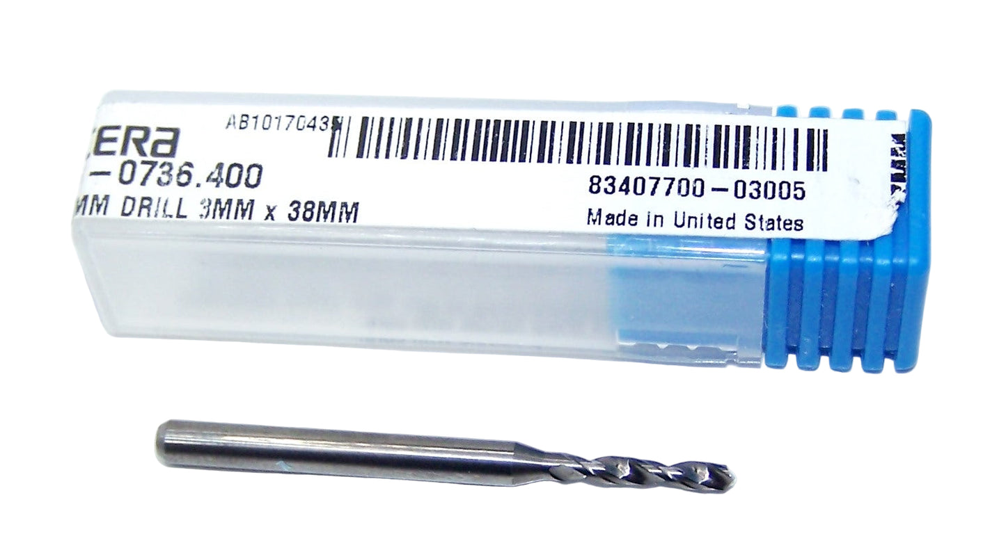 226-0736.400 Kyocera 1.87mm Carbide Drill 2 Flute 0.0736" Diameter 0.400" Flute 1.5" Length 0.1181" Shank 130° Point