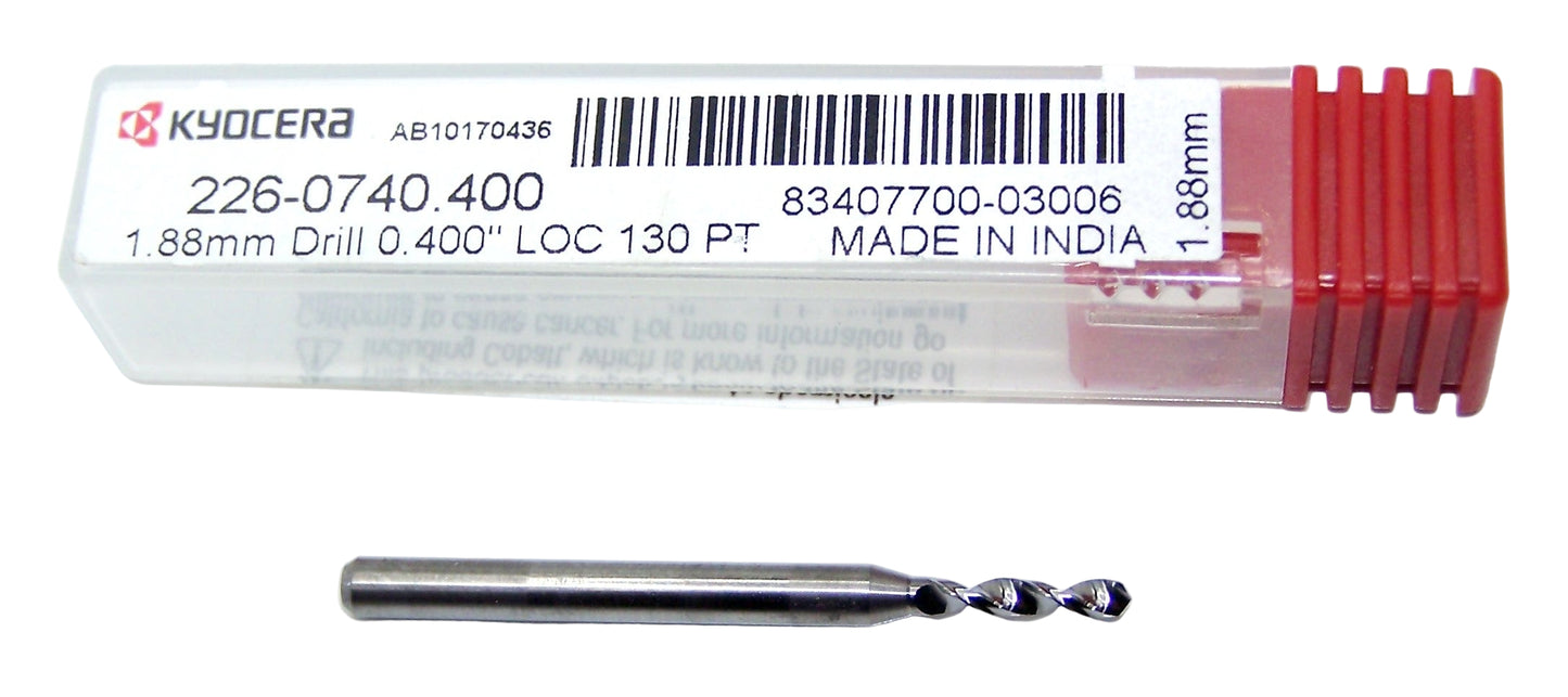 226-0740.400 Kyocera 1.88mm Carbide Drill 2 Flute 0.0740" Diameter 0.400" Flute 1.5" Length 0.1181" Shank 130° Point