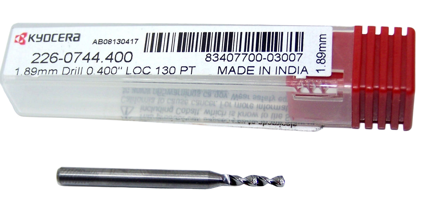 226-0744.400 Kyocera 1.89mm Carbide Drill 2 Flute 0.0744" Diameter 0.400" Flute 1.5" Length 0.1181" Shank 130° Point
