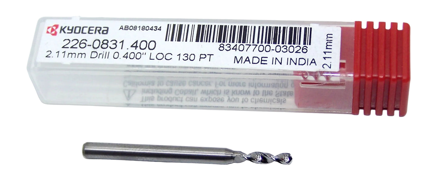 226-0831.400 Kyocera 2.11mm Carbide Drill 2 FLUTE 0.0831" Diameter 0.400" Flute 1.50" Length 0.1181" Shank 130° Point