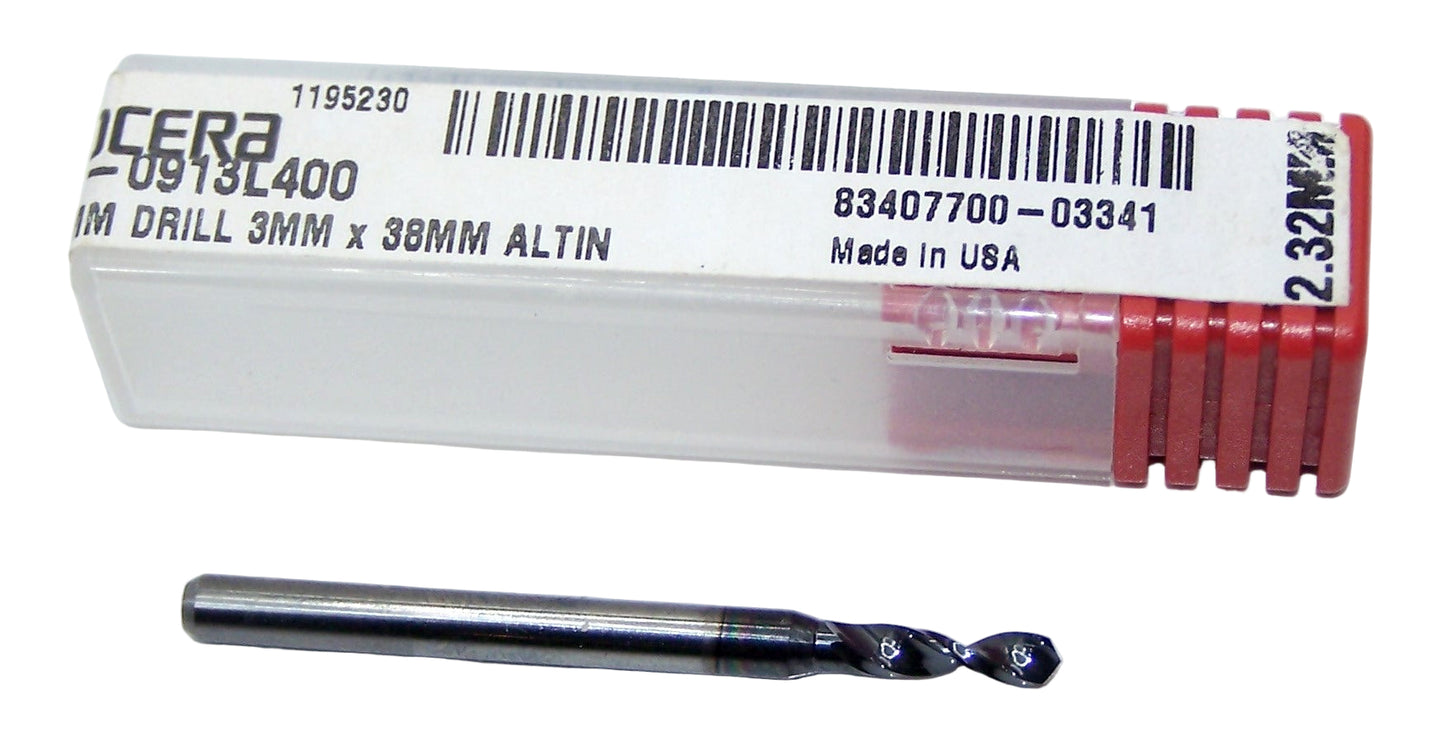 226-0913L400 Kyocera 2.32mm Carbide Drill 2 FLUTE ALTiN Coated 0.0913" Diameter 0.400" Flute 1.5" Length 0.1181" Shank 130° Point