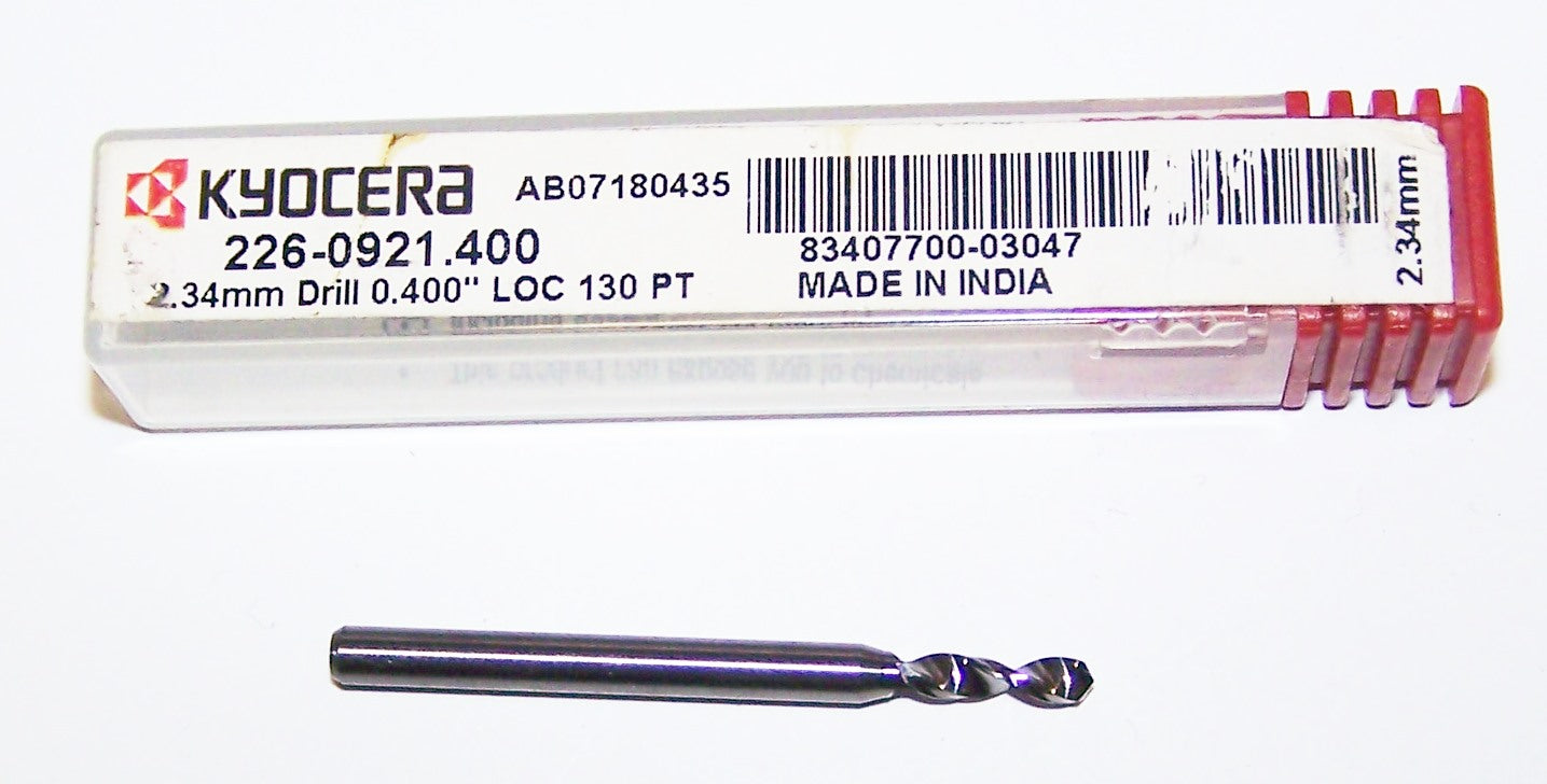 226-0921.400 Kyocera 2.34mm Carbide Drill 2 FLUTE .0921" Diameter .400" Flute 1.50" Length .1181" Shank 130° Point
