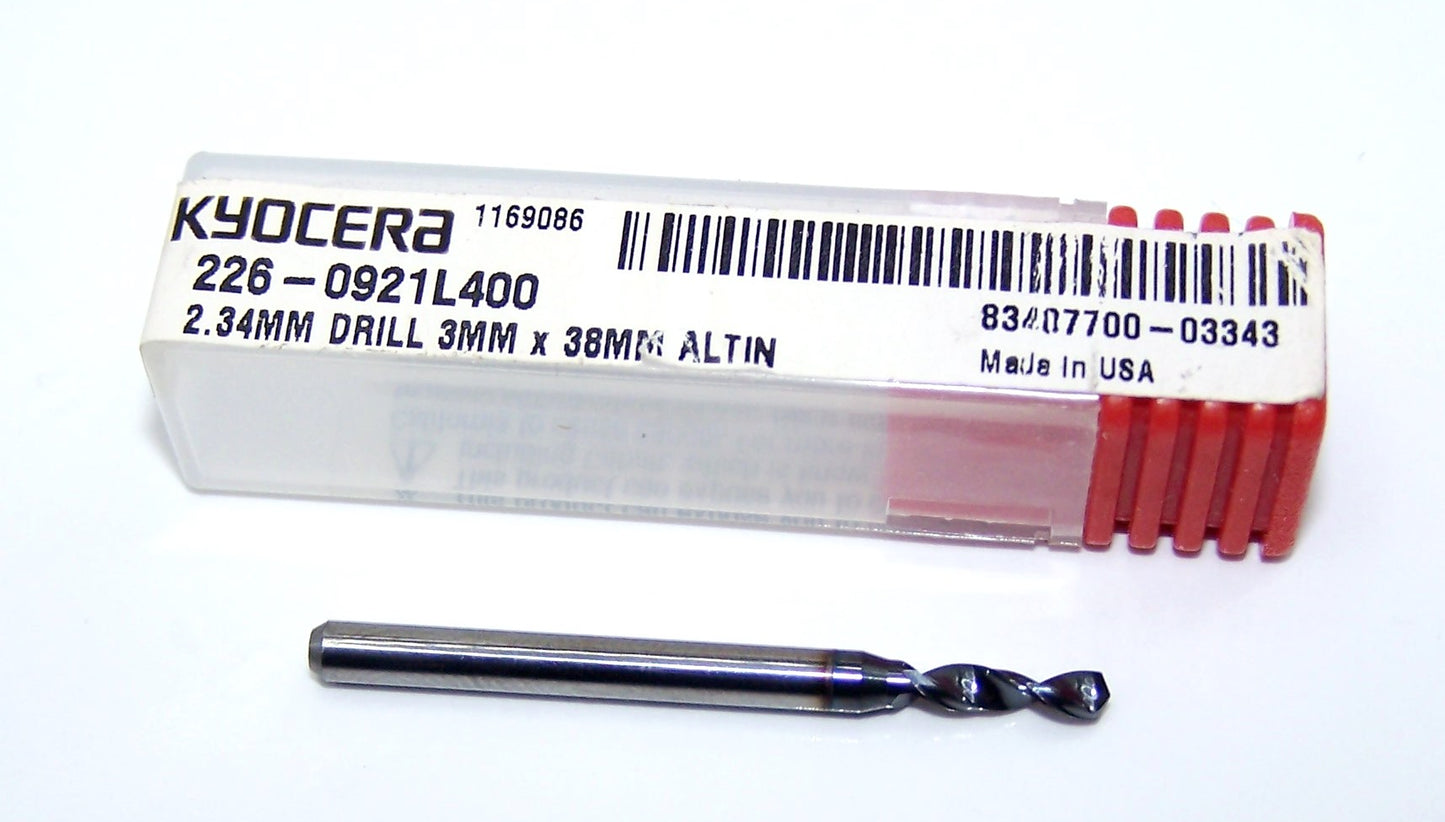 226-0921L400 Kyocera 2.34mm Carbide Drill 2 FLUTE AlTiN coated .0921" Diameter .400" Flute 1.50" Length .1181" Shank 130° Point