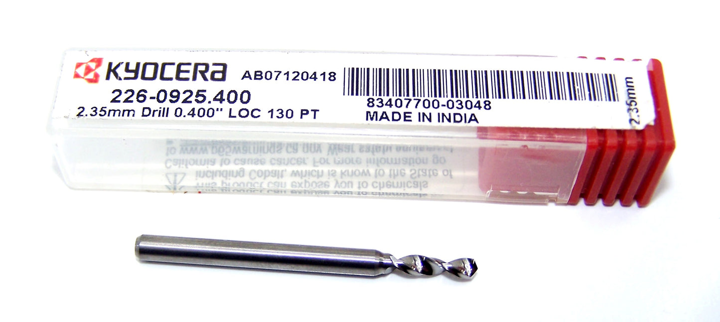 226-0925.400 Kyocera 2.35mm Carbide Drill 2 FLUTE .0925" Diameter .400" Flute 1.50" Length .1181" Shank 130° Point