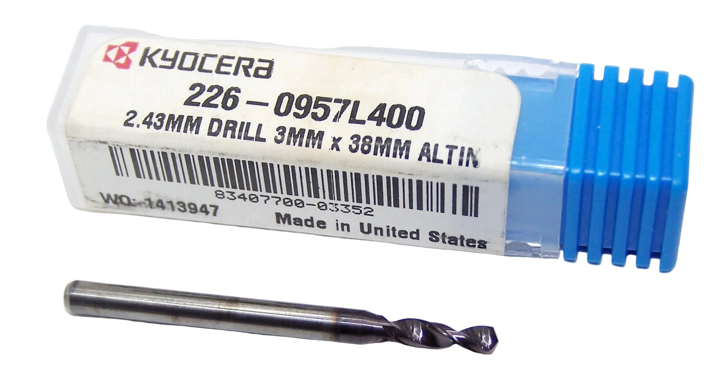 226-0957L400 Kyocera 2.43mm Carbide Drill 2 FLUTE ALTiN Coated 0.0957" Diameter 0.400" Flute 1.50" Length 0.1181" Shank 130° Point