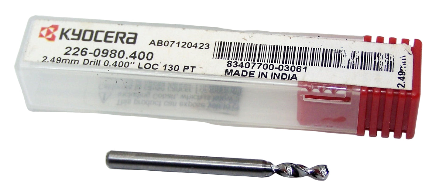 226-0980.400 Kyocera 2.49mm Carbide Drill 2 FLUTE 0.0980" Diameter 0.400" Flute 1.5" Length 0.1181" Shank 130° Point