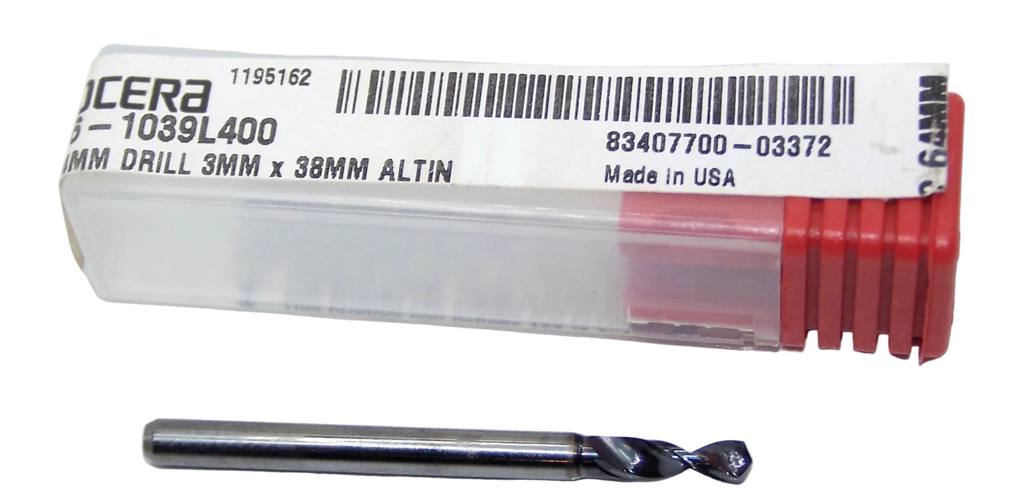 226-1039L400 Kyocera 2.64mm Carbide Drill 2 FLUTE ALTiN Coated 0.1039" Diameter 0.400" Flute 1.5" Length 0.1181" Shank 130° Point