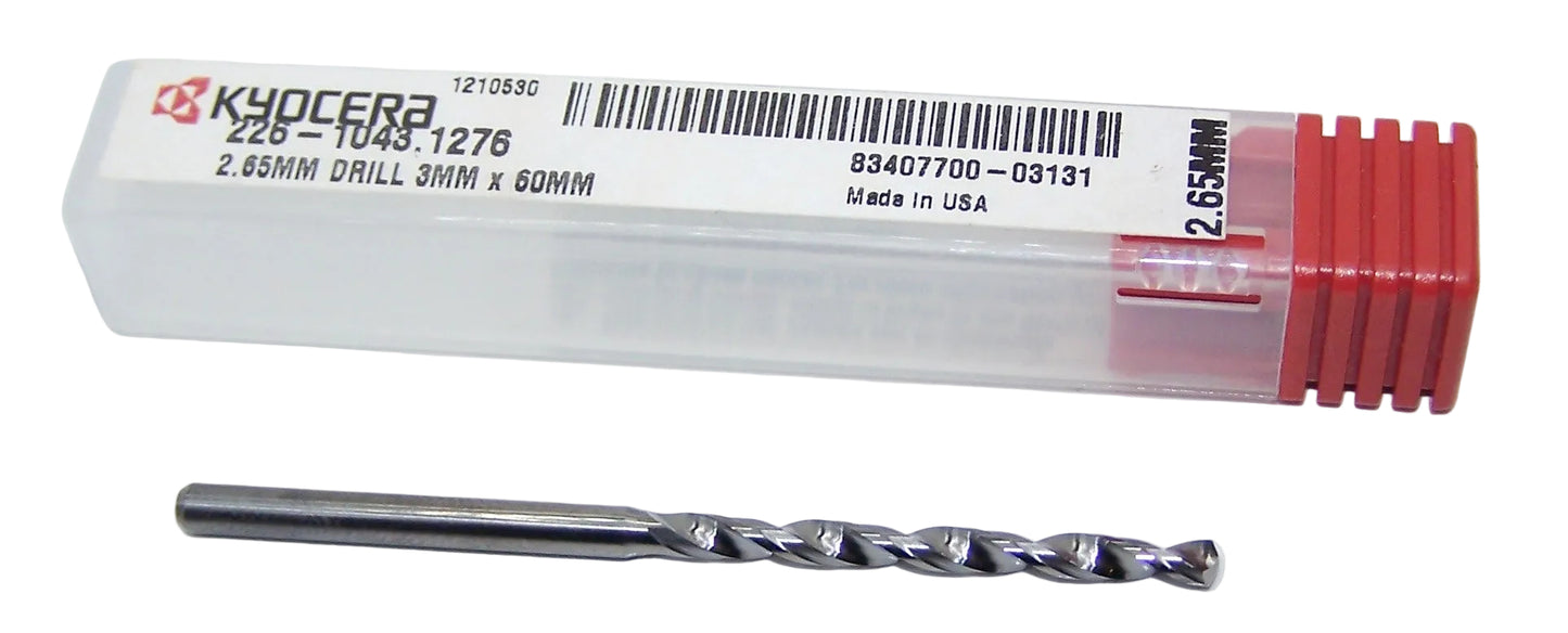 226-1043.1276 Kyocera 2.65mm Carbide Drill 2 FLUTE 0.1043" Diameter 0.1276" Flute 2.3622" Length 0.1181" Shank 130° Point