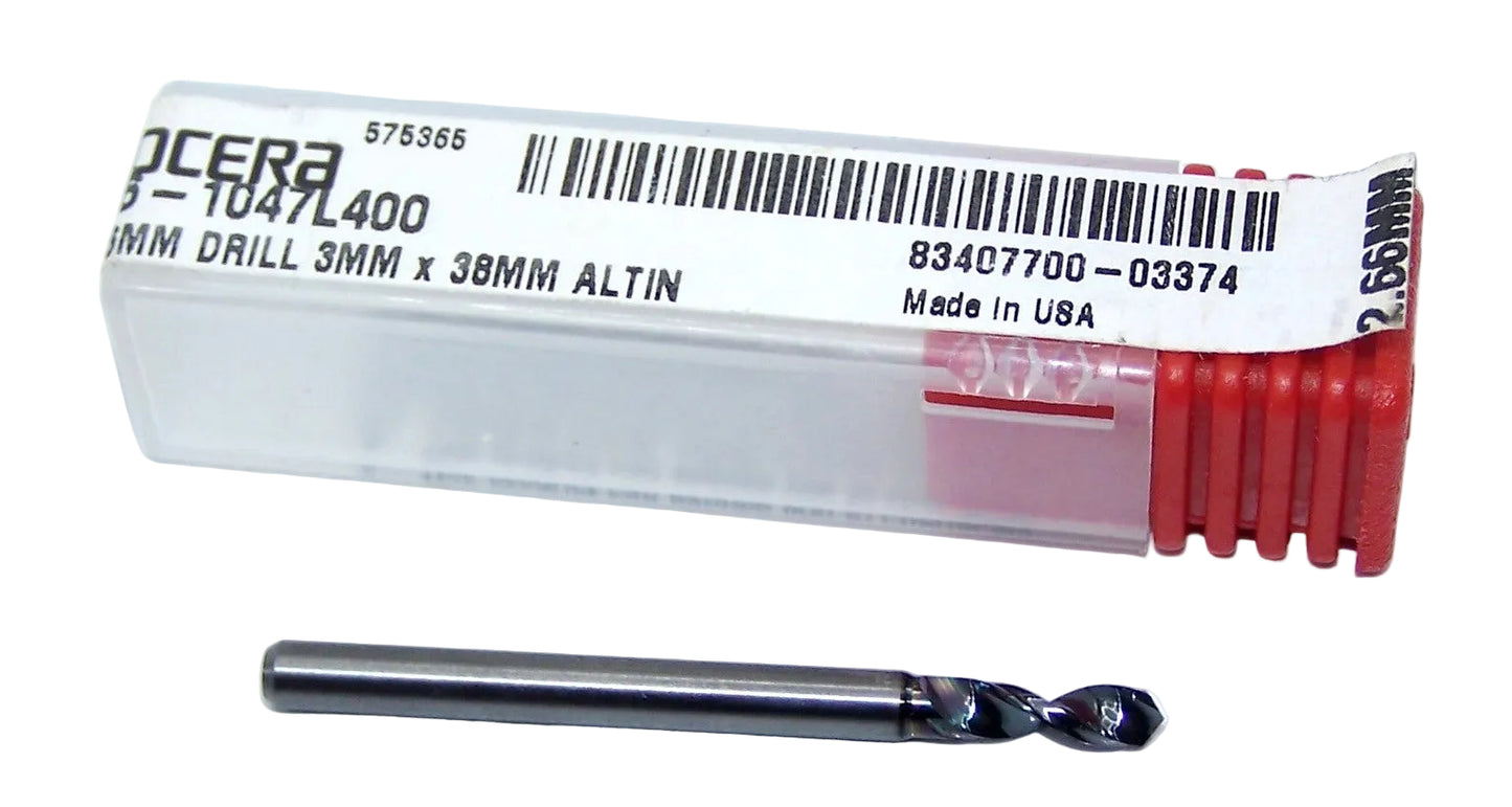 226-1047L400 Kyocera 2.66mm Carbide Drill 2 FLUTE ALTiN Coated 0.1047" Diameter 0.400" Flute 1.5" Length 0.1181" Shank 130° Point