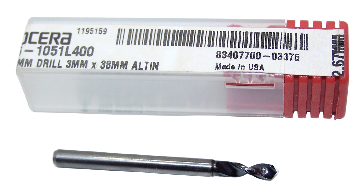 226-1051L400 Kyocera 2.67mm Carbide Drill 2 FLUTE ALTiN Coated 0.1051" Diameter 0.400" Flute 1.50" Length 0.1181" Shank 130° Point