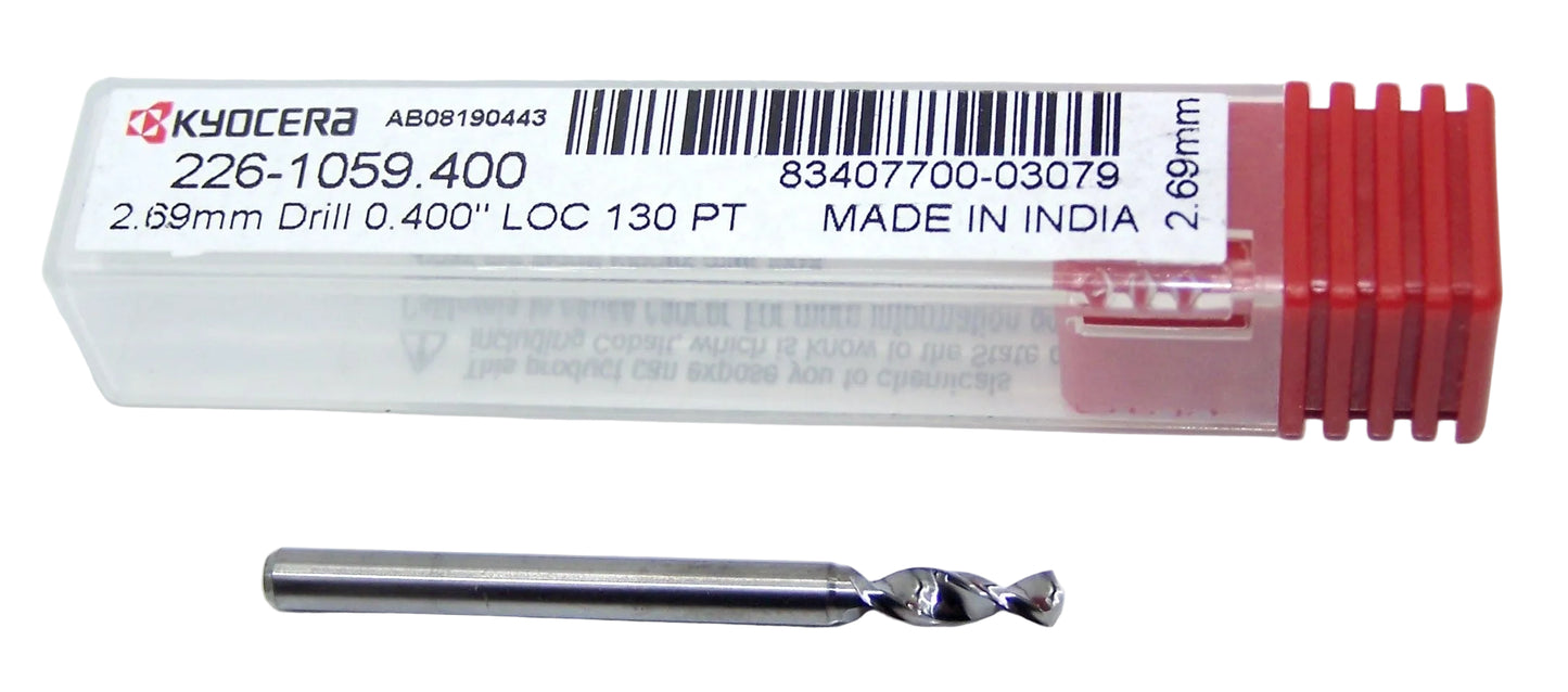 226-1059.400 Kyocera 2.69mm Carbide Drill 2 FLUTE 0.1059" Diameter 0.400" Flute 1.50" Length 0.1181" Shank 130° Point