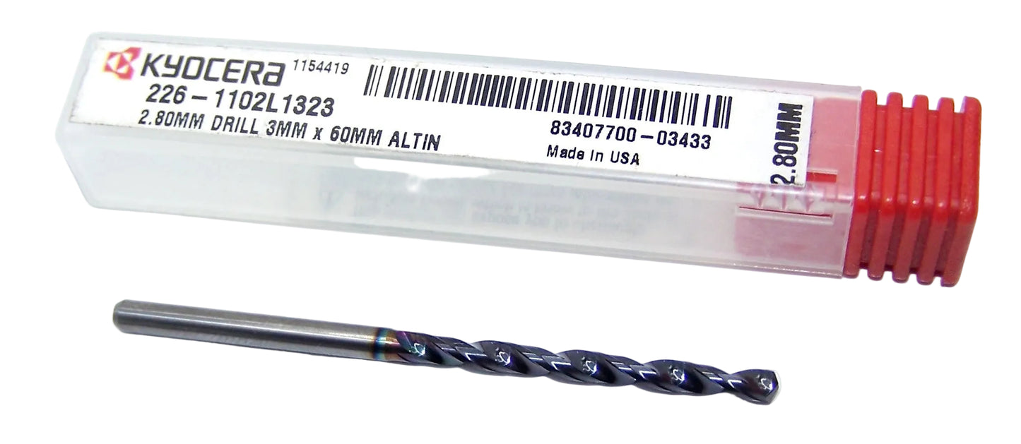 226-1102L1323 Kyocera 2.80mm Carbide Drill 2 FLUTE ALTiN Coated 0.1102" Diameter 1.323" Flute 2.36" Length 0.1181" Shank 130° Point