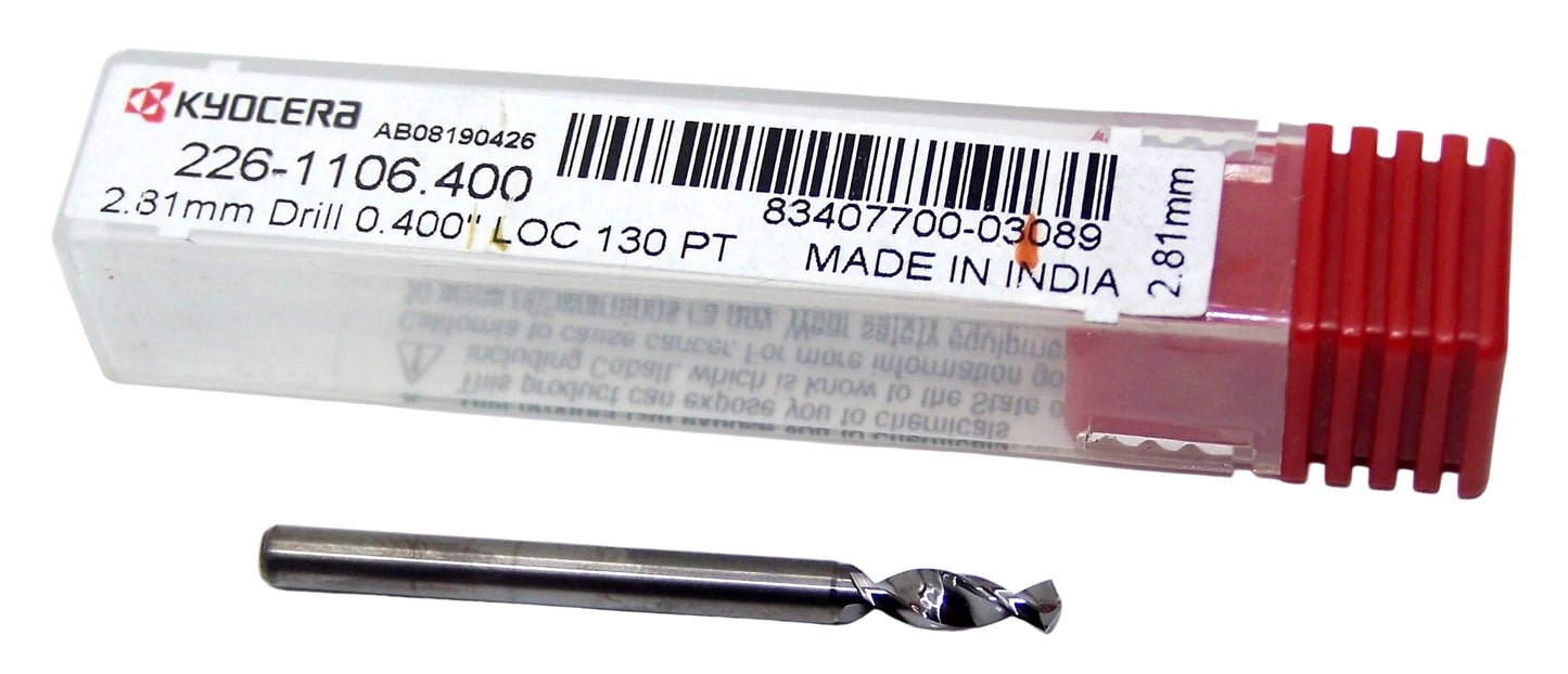 226-1106.400 Kyocera 2.81mm Carbide Drill 2 FLUTE 0.1106" Diameter 0.400" Flute 1.50" Length 0.1181" Shank 130° Point