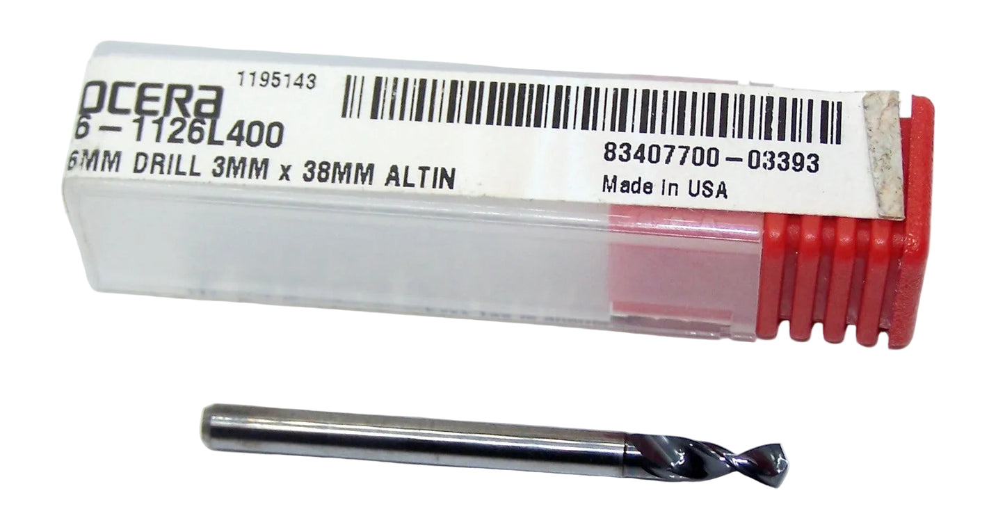 226-1126L400 Kyocera 2.86mm Carbide Drill 2 FLUTE ALTiN Coated 0.1126" Diameter 0.400" Flute 1.50" Length 0.1181" Shank 130° Point